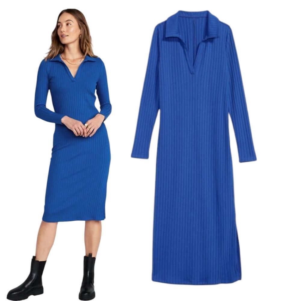 Cobalt Blue Cotton Blend rib-knit fitted midi polo sweater dress size L Tall